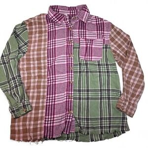 BP Patchwork Plaid Flannel Shirt Womens Small Green Distressed Boho Frayed Layer
